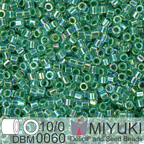 Korálky Miyuki Delica 10/0. Barva Lime Lined Crystal AB DBM0060. Balení 5g.