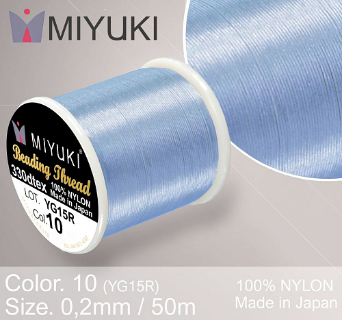 Nylonová nit značky MIYUKI. Barva č. 10 Lt. Blue. Materiál 330DTEX (0,2mm). Balení 50m.
