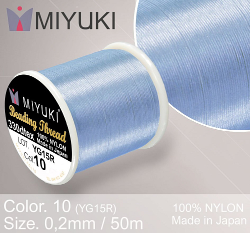 Nylonová nit značky MIYUKI. Barva č. 10 Lt. Blue. Materiál 330DTEX (0,2mm). Balení 50m.