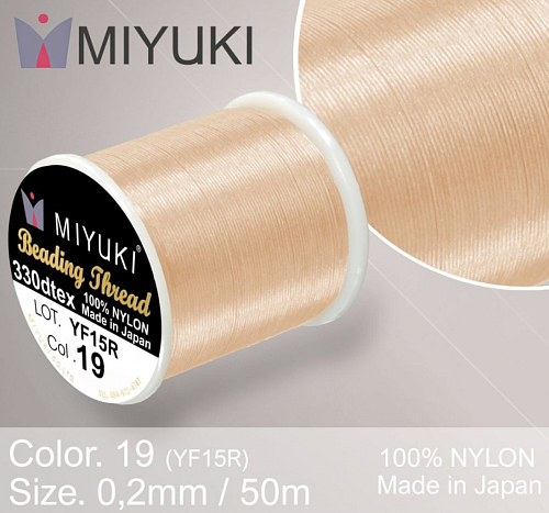 Nylonová nit značky MIYUKI. Barva č. 19 Peach. Materiál 330DTEX (0,2mm). Balení 50m.