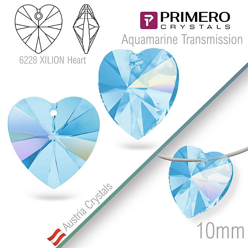 Korálky PRIMERO Crystals. Tvar 6228 XILION Heart. Barva Aquamarine Transmission. Velikost 10mm