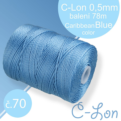 Nylonová nit C-Lon pevná korálková nit. Barva 70 Caribbean Blue. Síla nitě 0,5mm. Balení 78m na cívce.