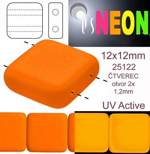 Korálky čtverec 2 otvory NEON (UV Active) velikost 12x12mm barva 25122 oranžová. Balení 7Ks. 