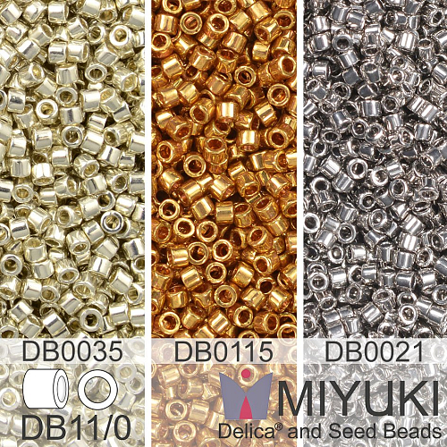 Korálky Miyuki Delica 11/0. Barevné variace č. 30 DB0021, DB0035,  DB0115. Balení 3x5g