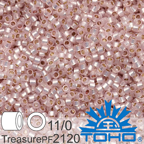 Korálky TOHO tvar TREASURE (válcové). Velikost 11/0. Barva PF2120 PermaFinish - Translucent Silver-Lined Soft Pink. Balení 5g.