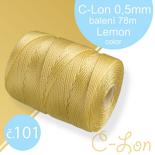 Nylonová nit C-Lon pevná korálková nit. Barva 101 Lemon. Síla nitě 0,5mm. Balení 78m na cívce.