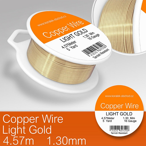Drátek měděný velikost 1,3mm v délce 4,5m . Barva LIGHT GOLD