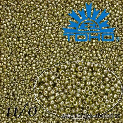 Korálky TOHO tvar ROUND (kulaté). Velikost 11/0. Barva č.457-Gold-Lustered Green Tea. Balení 8g.