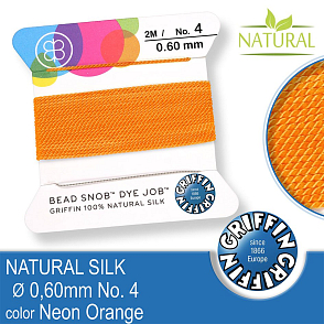 Hedvábná nit s jehlou GRIFFIN síla nitě 0,6mm No.4 délka 2m. Barva Neon Orange.