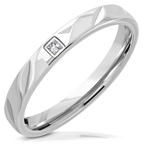 Ocelový prsten RRR 553 s pravidelným vzorkem a krystalovým kamínkem o velikosti 8