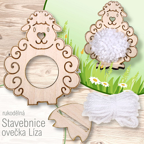 Rukodělná stavebnice OVEČKA Líza. Velikost 8x10cm. Vše uloženo v papírovém boxu. Materiál dřevo, příze, papír. Balení 2Ks.