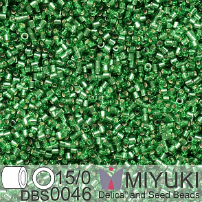 Korálky Miyuki Delica 15/0. Barva DBS 0046 Silverlined Green. Balení 2g.
