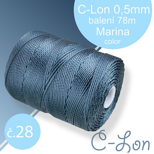 Nylonová nit C-Lon pevná korálková nit. Barva 28 Marina. Síla nitě 0,5mm. Balení 78m na cívce.