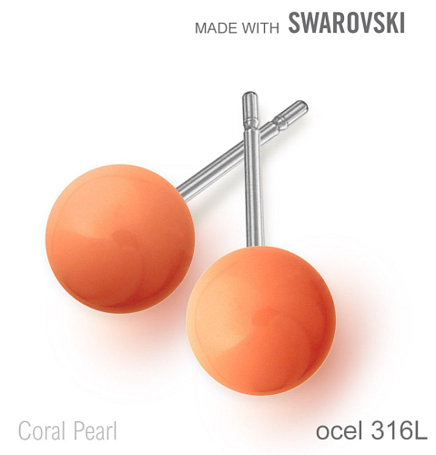 Náušnice sada Made with Swarovski 5818 Crystal Coral Pearl (001 816) 6mm+puzeta 316L