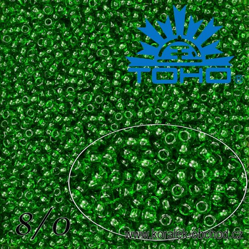 Korálky TOHO tvar ROUND (kulaté). Velikost 8/0. Barva č.7B-Transparent Grass Green . Balení 10g.