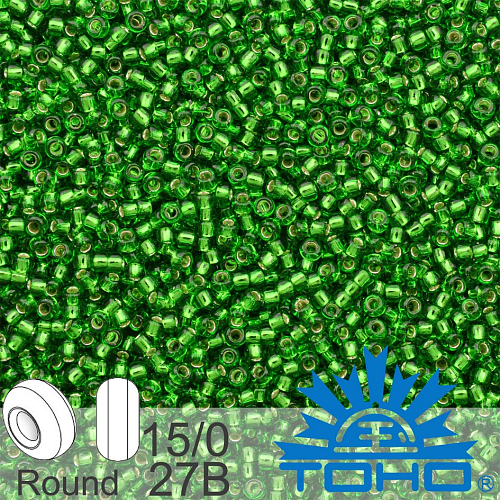 Korálky TOHO tvar ROUND (kulaté). Velikost 15/0. Barva č. 27B Silver-Lined Grass Green. Balení 5g.