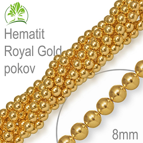 Korálky z minerálů Hematit Royal Gold pokovený. Velikost pr.8mm. Balení 10Ks.