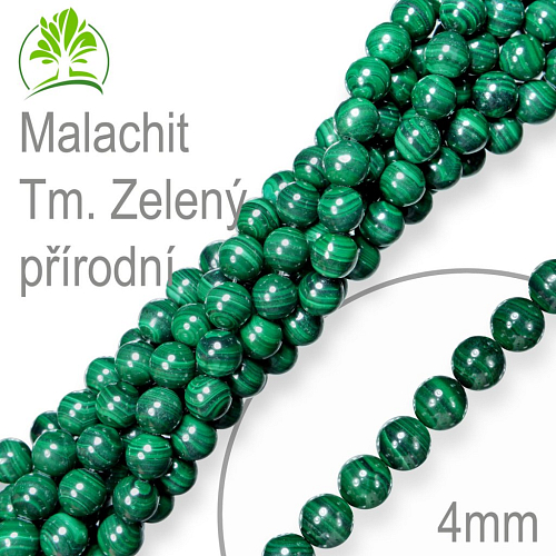 Korálky z minerálů Malachit Tm. Zelený přírodní polodrahokam. Velikost pr.4mm. Balení 18Ks.