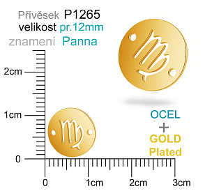 Přívěsek Chirurgická Ocel ozn-P1265 znamení PANNA 2x otvor velikost pr.12mm. Barva POZLACENO. Řada přívěsků ProfiLUX