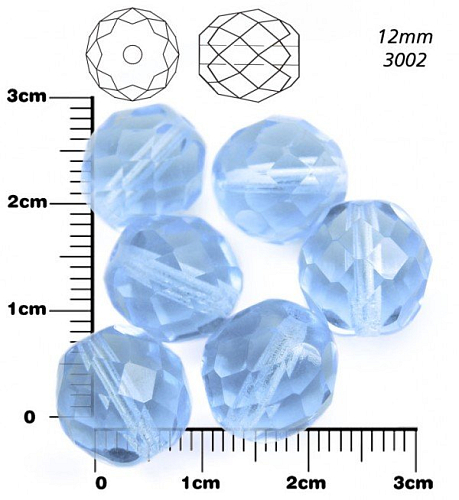 Korálky BROUŠENÉ 12mm. Barva 3002, Průhledná modrá. Balení 8Ks.