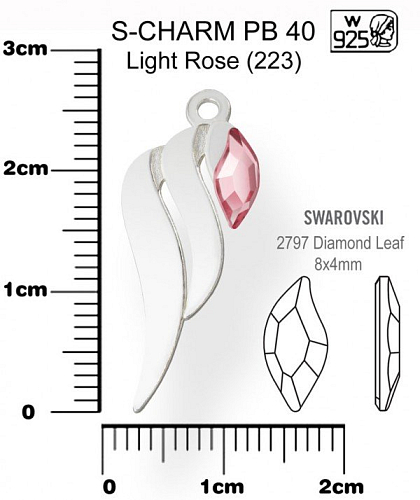 Přívěsek tvar KŘÍDLO PB 40+Swarovski 2797 Light Rose (223). Materiál Ag925. Váha Ag 0,62g