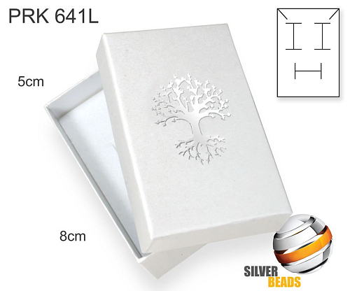 Krabička na šperky. Materiál papír Ozn. PRK 641L. Velikost 5x8cm. Barva BÍLÁ s potiskem STROM života (stříbrná barva)
