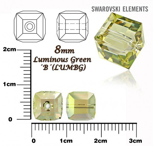 SWAROVSKI CUBE Beads 5601 barva LUMINOUS GREEN´B´velikost 8mm.