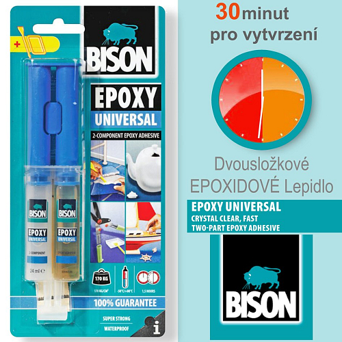 Lepidlo BISON Epoxy Uniíversal. Vhodné k lepení SKLO +KOV (průhledné barvy). Balení 24ml. Vytvrzení 30min.