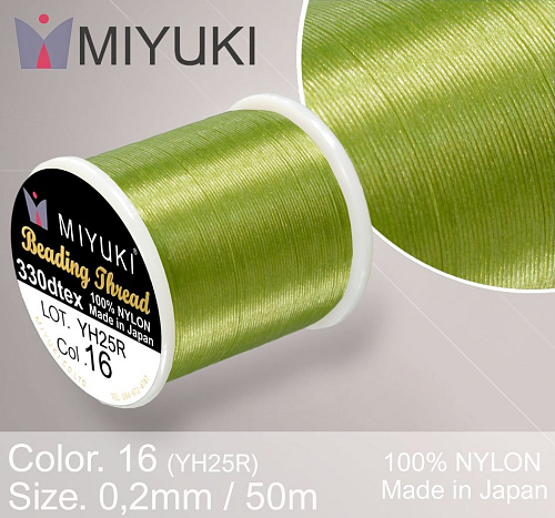 Nylonová nit značky MIYUKI. Barva č. 16 Peridot. Materiál 330DTEX (0,2mm). Balení 50m.