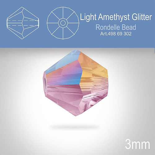 PRECIOSA Bicone (sluníčko) velikost 3mm. Barva LIGHT AMETHYST GLITTER. Balení 40ks