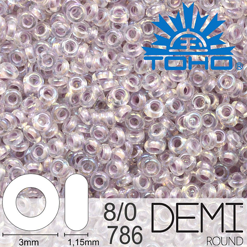 Korálky TOHO Demi Round 8/0. Barva 786 Inside-Color Rainbow Crystal/Pale Lavender-Lined. Balení 5g