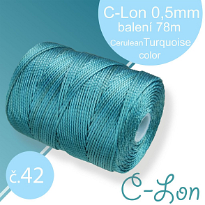 Nylonová nit C-Lon pevná korálková nit. Barva 42 Cerulean Turquoise. Síla nitě 0,5mm. Balení 78m na cívce.