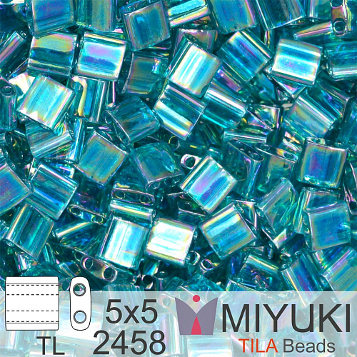 Korálky MIYUKI tvar TILA BEADS velikost 5x5mm. Barva TL 2458 Transparent Teal AB. Balení 5g.
