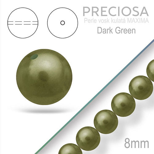 PRECIOSA Voskované Perle barva DARK GREEN velikost 8mm. Balení návlek 15Ks. 
