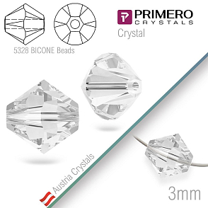 Korálky PRIMERO Crystals . Tvar 5328 Bicone BEADS. Barva Crystal  Velikost 3mm balení-25Ks.
