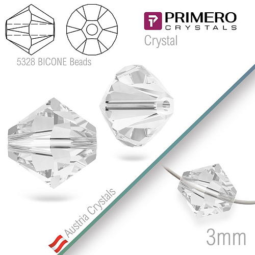 Korálky PRIMERO Crystals . Tvar 5328 Bicone BEADS. Barva Crystal  Velikost 3mm balení-25Ks.
