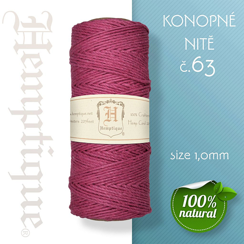 Konopná nit HEMP CORD síla nitě 1,0mm. METRÁŽ Barva č.63 Purpurová