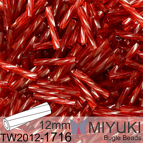 Korálky Miyuki Twisted Bugle 12mm. Barva TW2012-1716 Dyed Transparent Cranberry. Balení 10g.