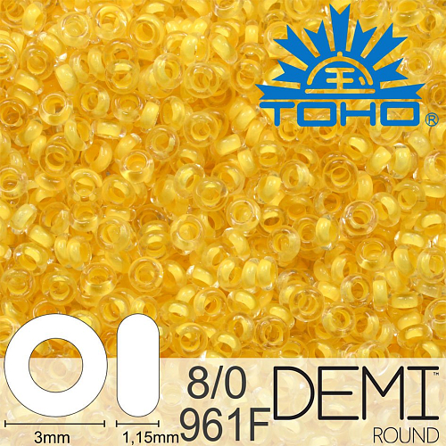 Korálky TOHO Demi Round 8/0. Barva 961F Inside-Color Frosted Crystal/Butter-Lined. Balení 5g
