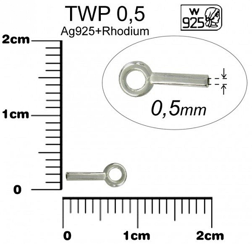 Koncovka VÁLEC S OČKEM. Ozn, TWP 0,5mm. . Materiál STŘÍBRO AG925+RHODIUM.váha 0,07g.