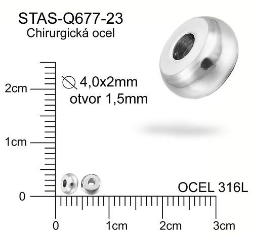 Korálek PLACKA CHIRURGICKÁ OCEL ozn.-STAS-Q677-23. Velikost pr.4,0x2,0mm otvor 1,5mm. 