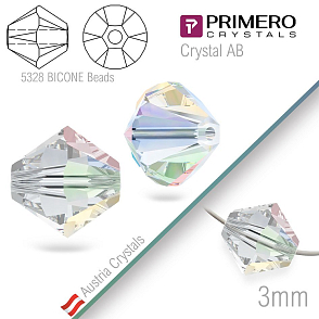 Korálky PRIMERO Crystals . Tvar 5328 Bicone BEADS. Barva Crystal AB. Velikost 3mm balení-25Ks.