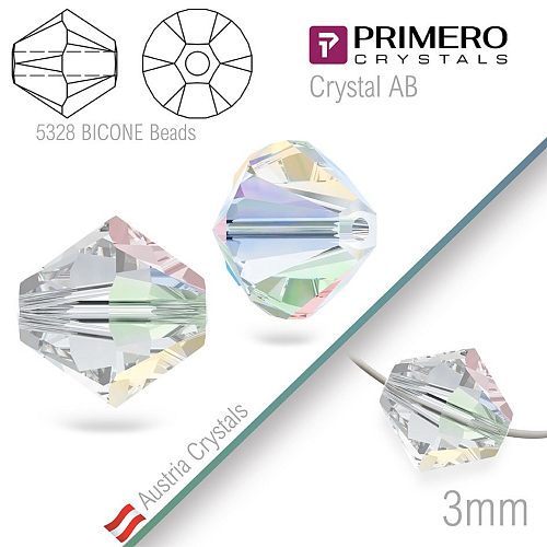 Korálky PRIMERO Crystals . Tvar 5328 Bicone BEADS. Barva Crystal AB. Velikost 3mm balení-25Ks.
