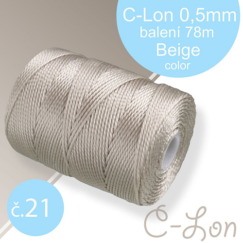 Nylonová nit C-Lon pevná korálková nit. Barva 21 Beige . Síla nitě 0,5mm. Balení 78m na cívce.