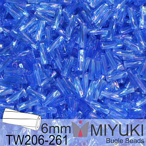 Korálky Miyuki Bugle Bead 6mm. Barva TW206-261 Transparent Sapphire AB. Balení 10g.