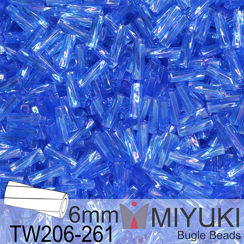 Korálky Miyuki Bugle Bead 6mm. Barva TW206-261 Transparent Sapphire AB. Balení 10g.