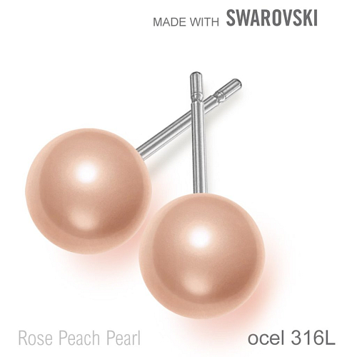 Náušnice sada Made with Swarovski 5818 Crystal Rose Peach  Pearl (001 674) 8mm+puzeta 316L