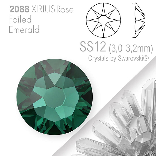 SWAROVSKI  XIRIUS Rose 2088 Foiled. Barva Emerald velikost SS12 (3,0-3,2mm). Balení 30Ks.