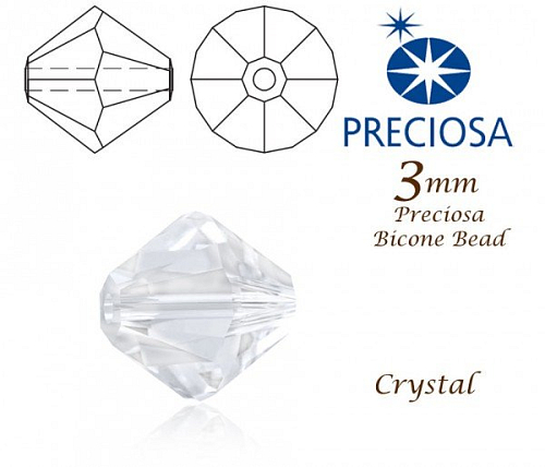 PRECIOSA Bicone (sluníčko) velikost 3mm. Barva CRYSTAL. Balení 42ks 