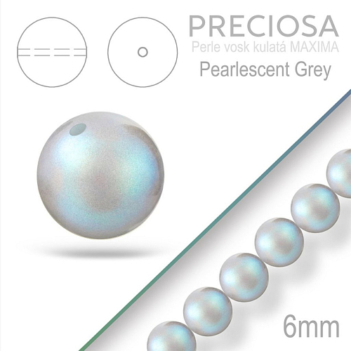 Preciosa Perle voskovaná kulatá MAXIMA barva Pearlescent Grey velikost 6mm. Balení návlek 21Ks.